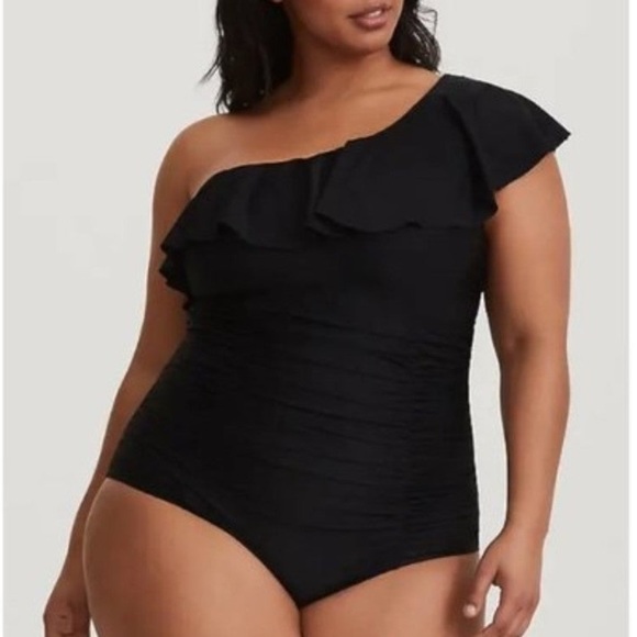 Torrid Black One Shoulder Scoop Neck Ruffle Swimsuit